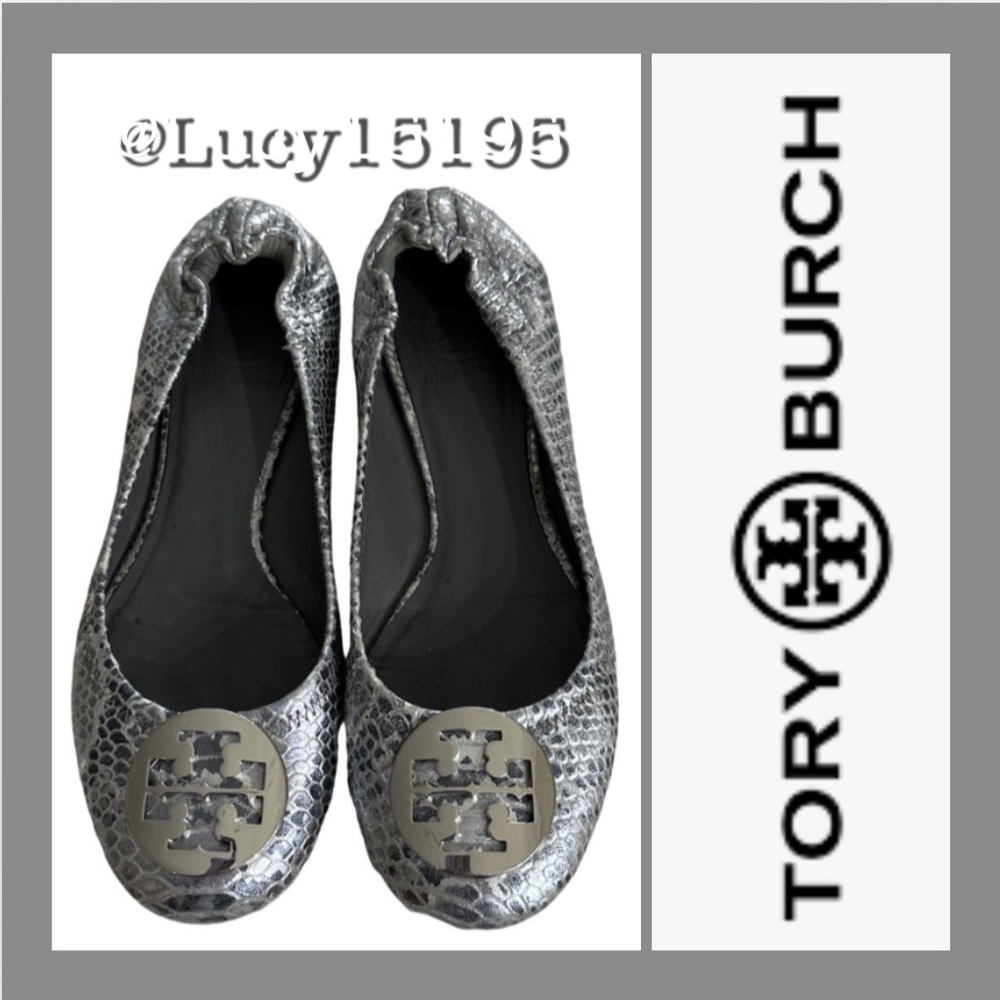 Tory Burch Reva Silver Embossed Python Ballet Fla… - image 1